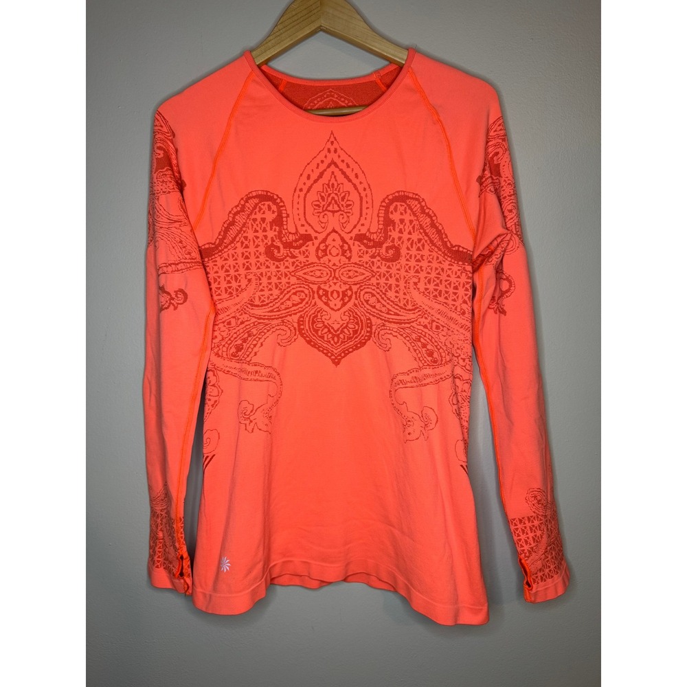 Athleta Momentum Long Sleeve Seamless Paisley Top Neon Orange Coral Large